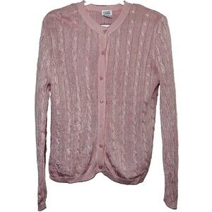 Leon Levin Pink Cable Knit Cardigan Sweater Women’s M Button Front Rayon Cotton